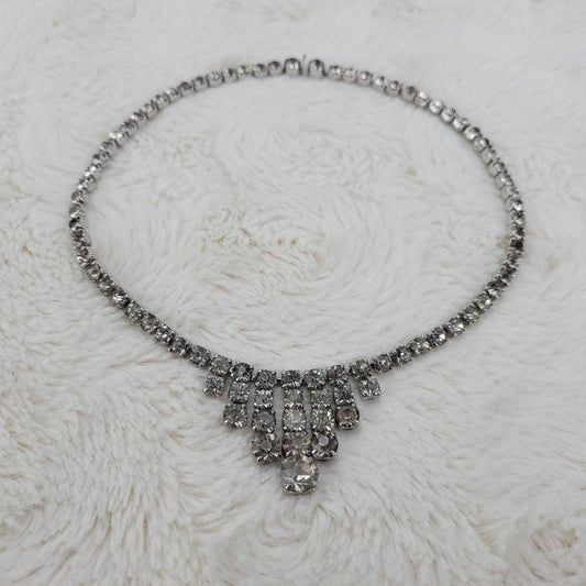 1950's Clear Rhinestone Single Row Necklace with Center Drops