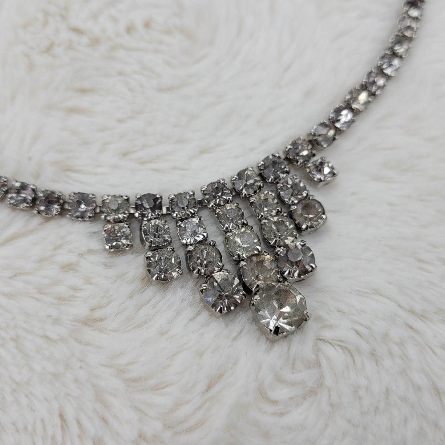 1950's Clear Rhinestone Single Row Necklace with Center Drops