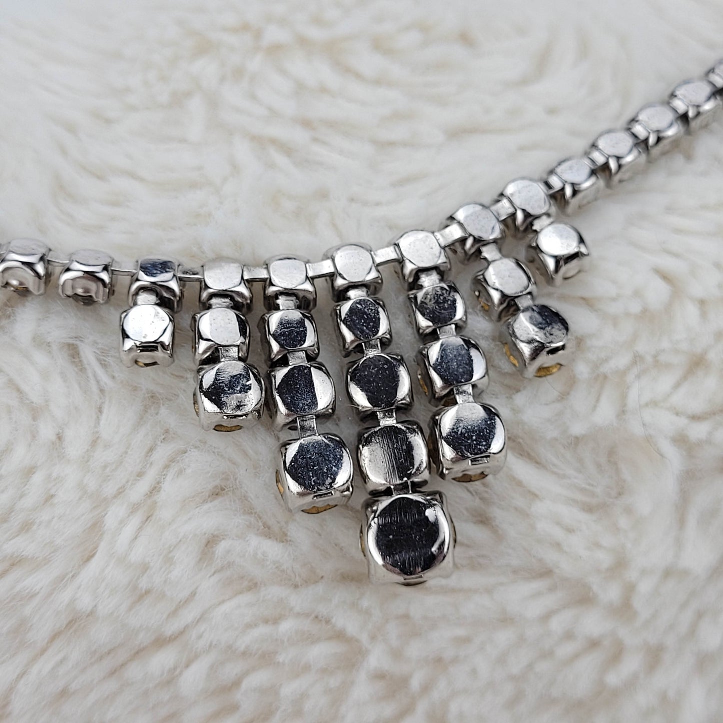 1950's Clear Rhinestone Single Row Necklace with Center Drops