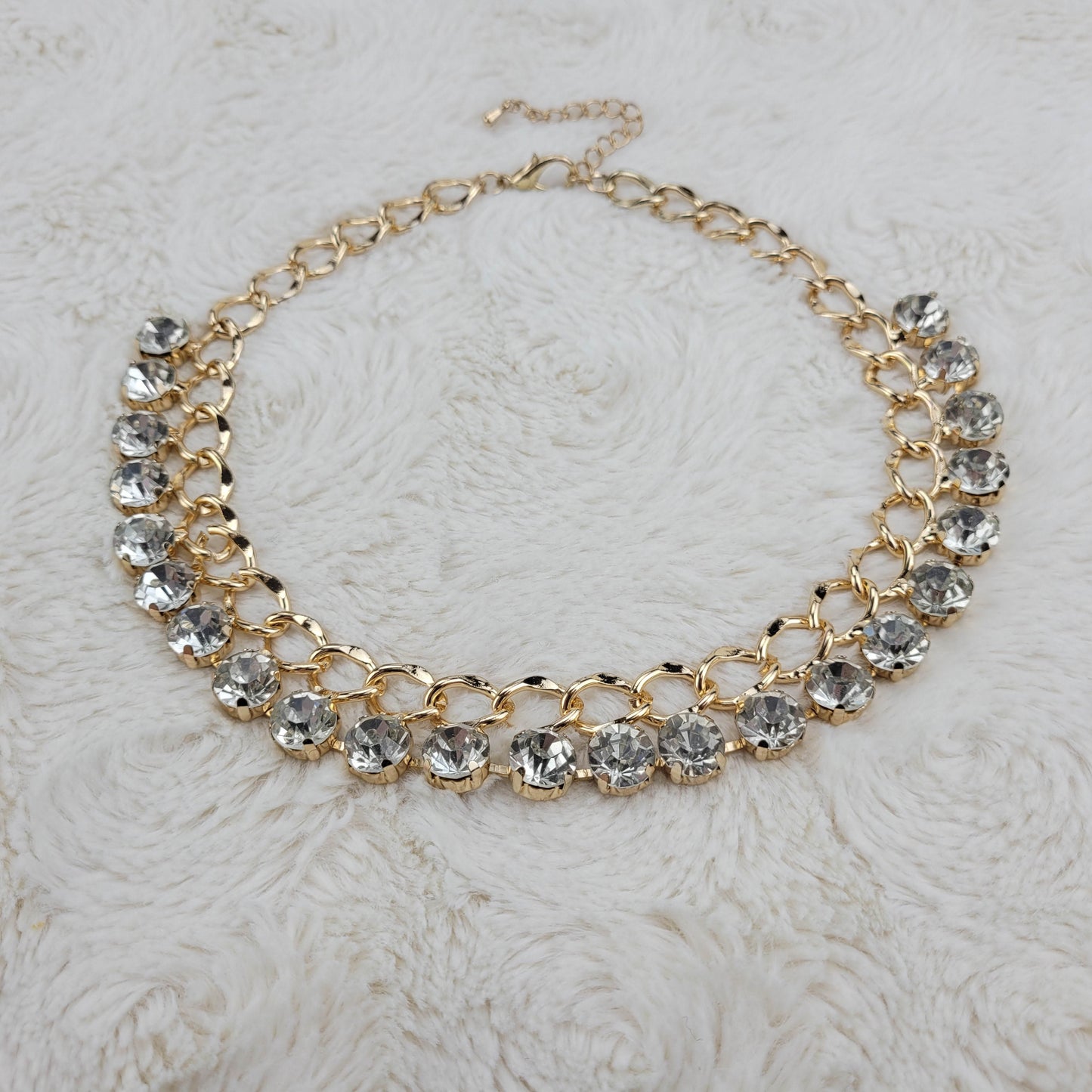 1970's Gold Metal Tone Link Necklace with Clear Rhinestones