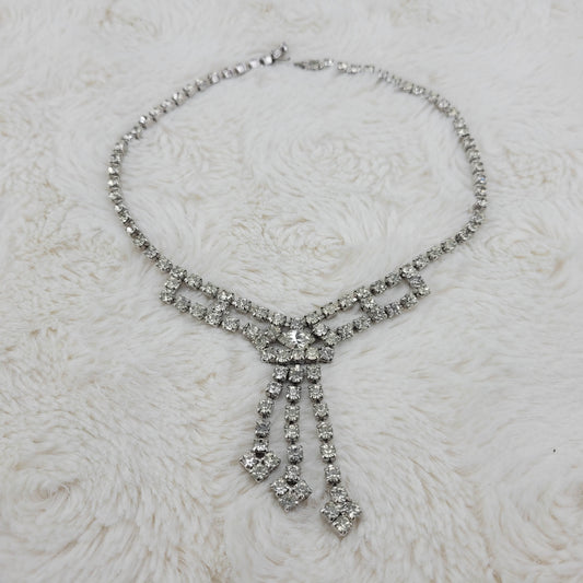 1950's Single Row Clear Rhinestone Necklace with a 3 String Drop Center