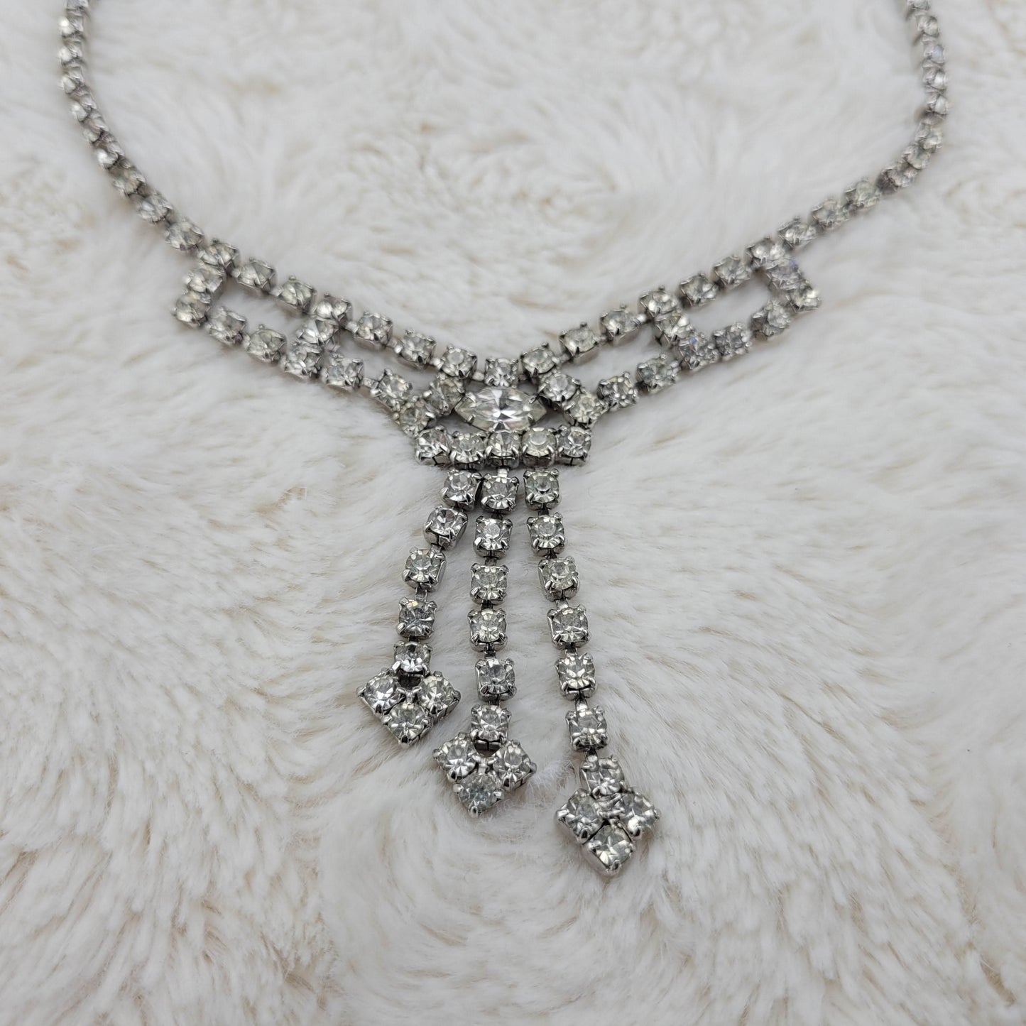 1950's Single Row Clear Rhinestone Necklace with a 3 String Drop Center