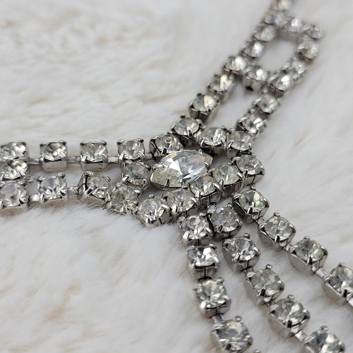 1950's Single Row Clear Rhinestone Necklace with a 3 String Drop Center