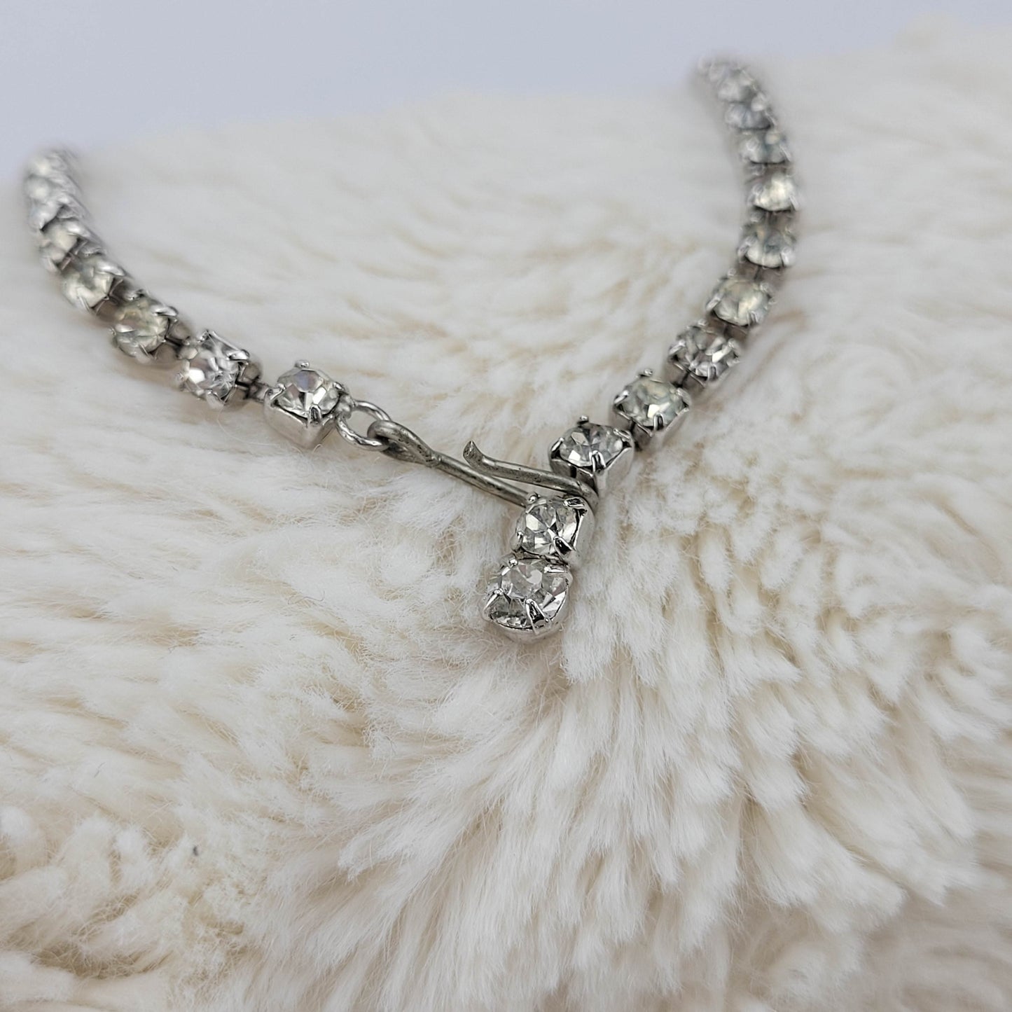 1950's Single Row Clear Rhinestone Necklace with a 3 String Drop Center