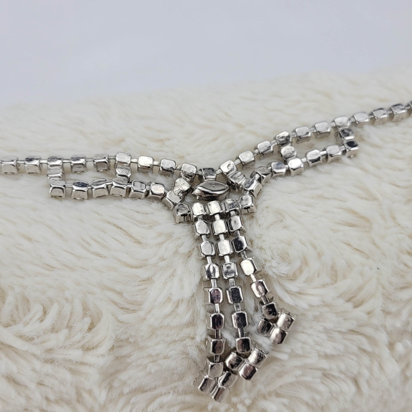 1950's Single Row Clear Rhinestone Necklace with a 3 String Drop Center