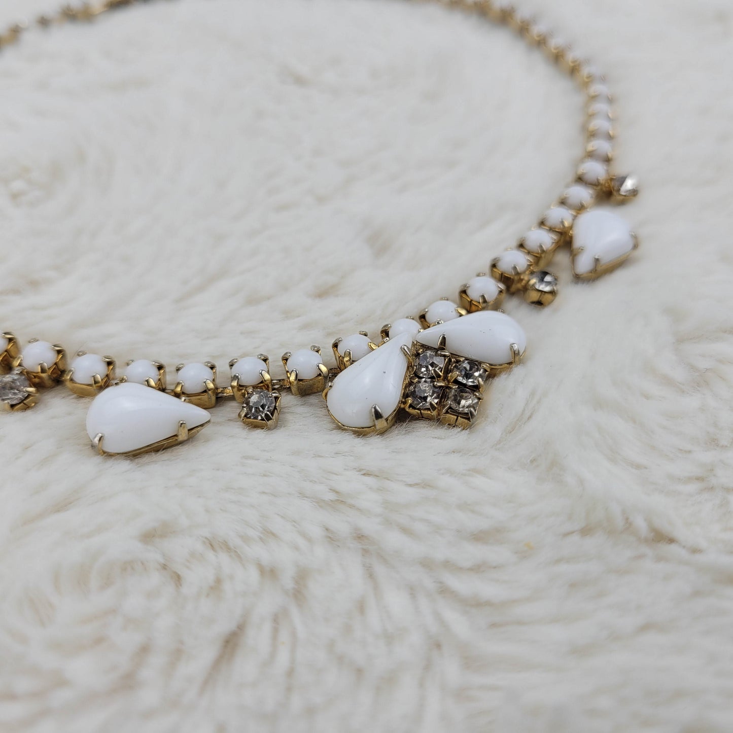 1950's White Bead and Clear Rhinestone Necklace