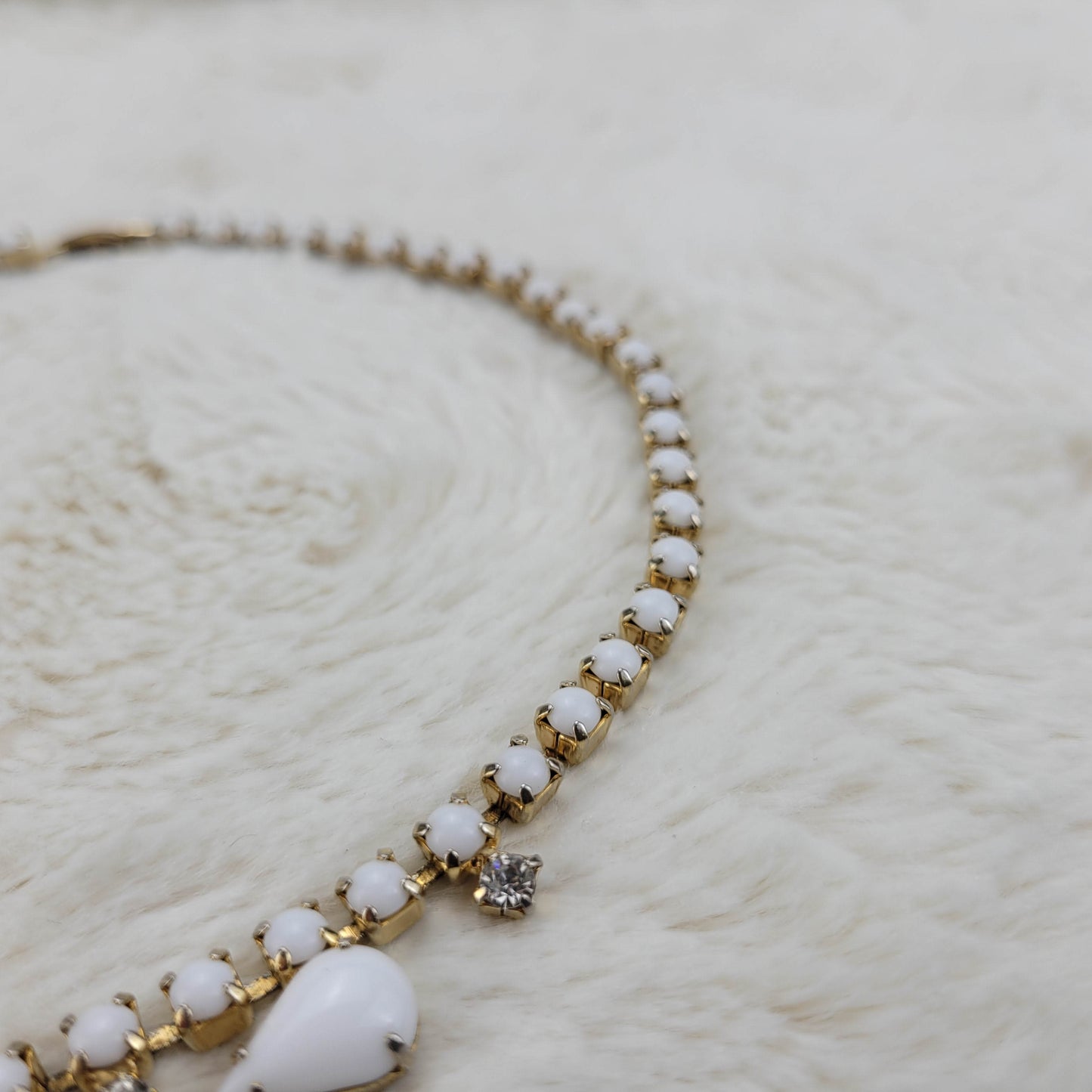 1950's White Bead and Clear Rhinestone Necklace