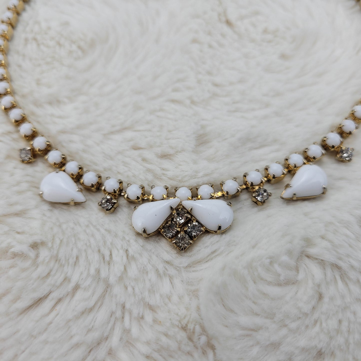 1950's White Bead and Clear Rhinestone Necklace