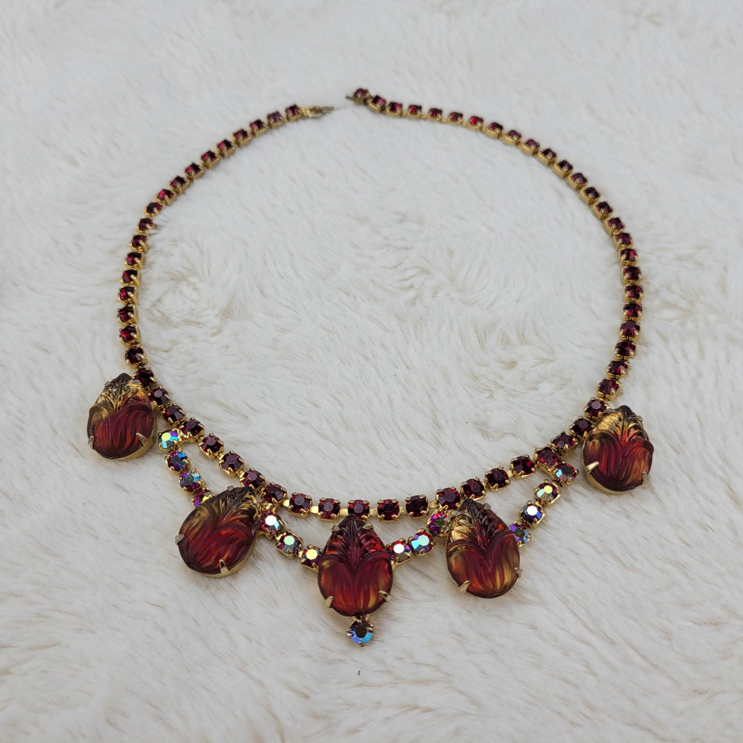 1950's Aurora Borealis, Red Rhinestone and Rootbeer Glass Loop Necklace