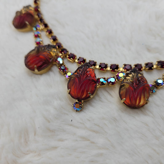 1950's Aurora Borealis, Red Rhinestone and Rootbeer Glass Loop Necklace