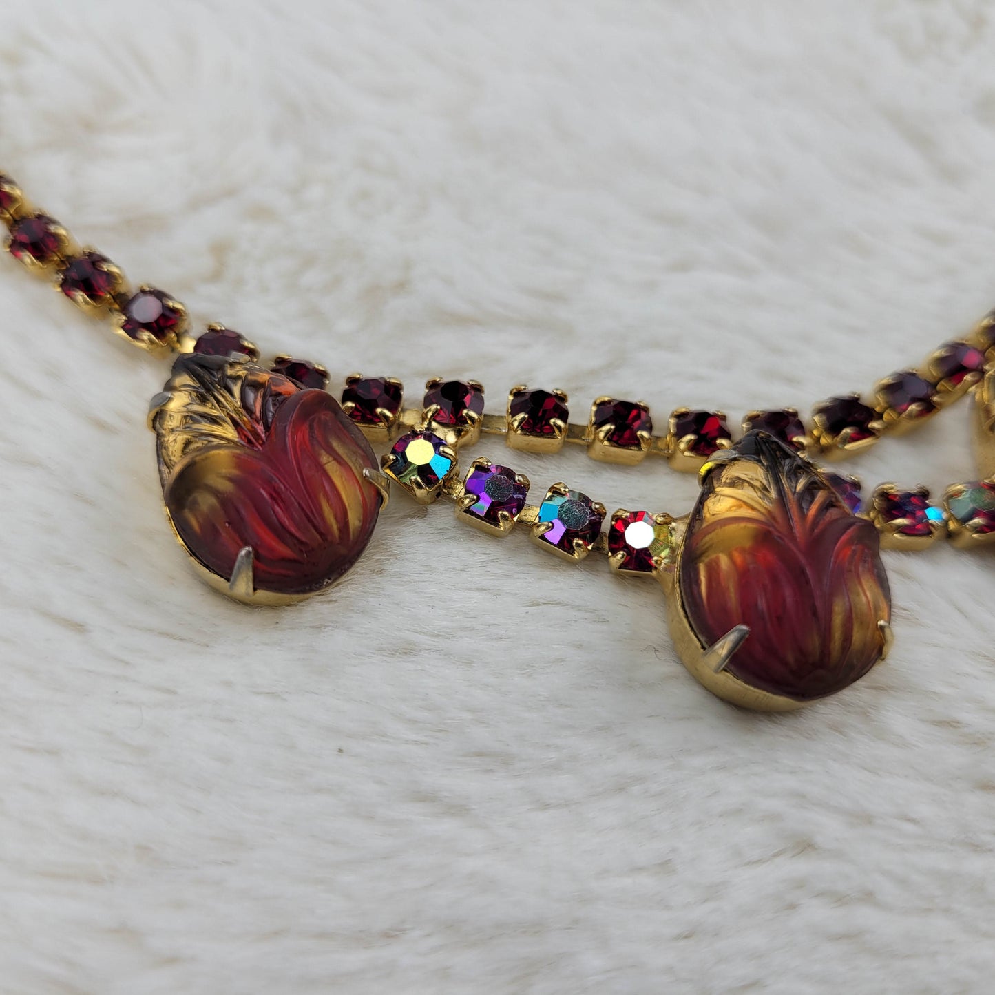 1950's Aurora Borealis, Red Rhinestone and Rootbeer Glass Loop Necklace