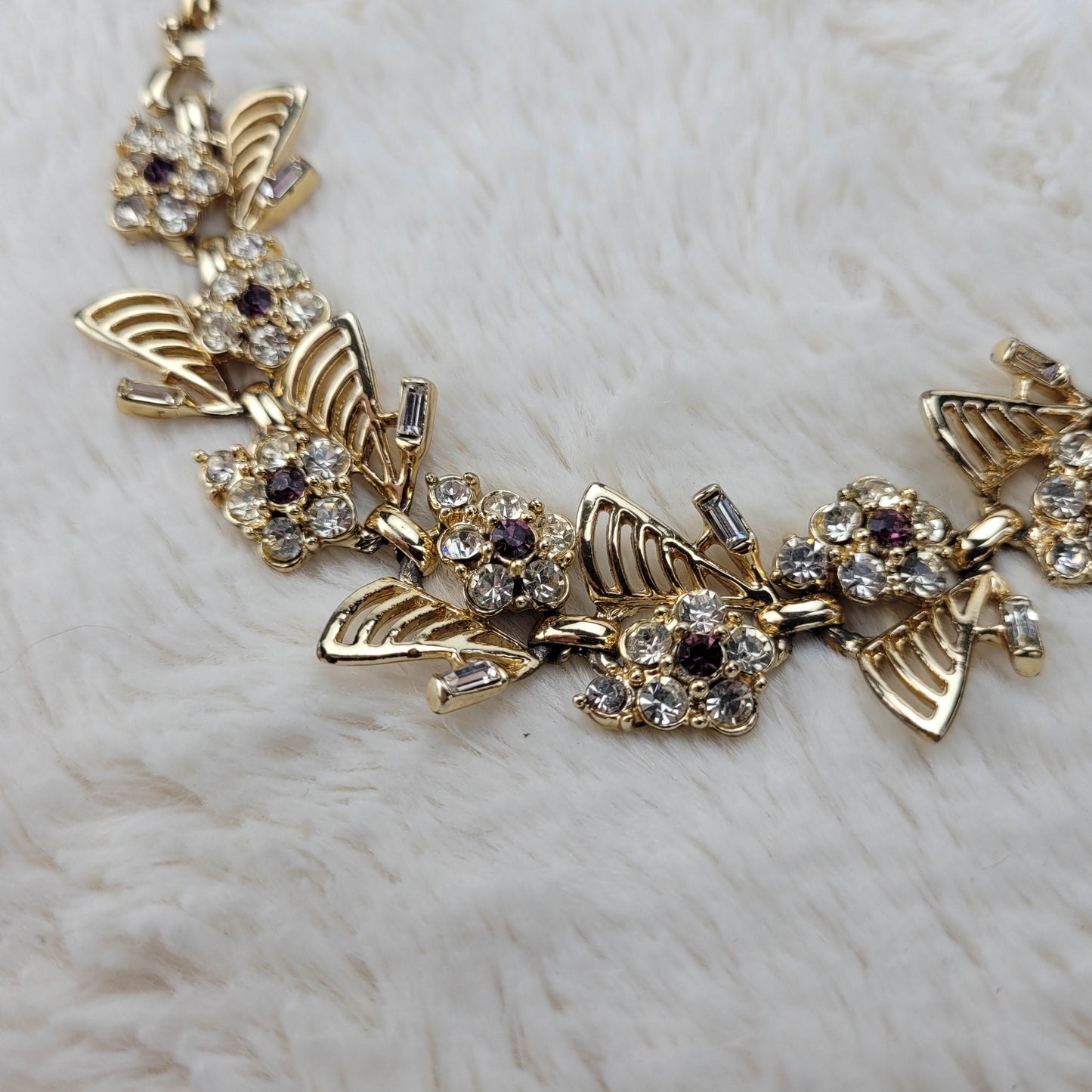 1960's Clear Rhinestone and Gold Metal Tone Flower Necklace with Purple Centers