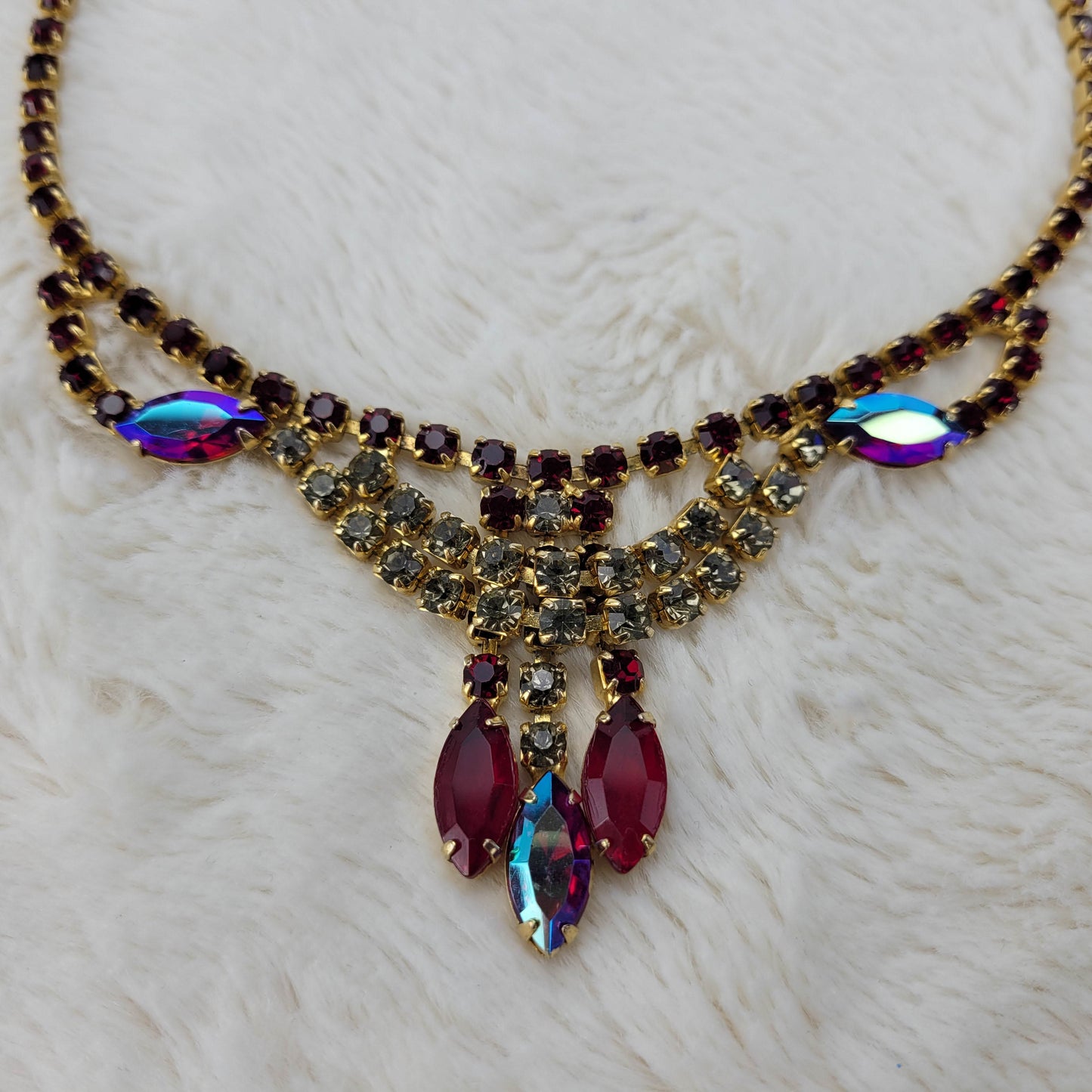 1950's Opulent Aurora Borealis Multi-Stand Necklace with Center Drops