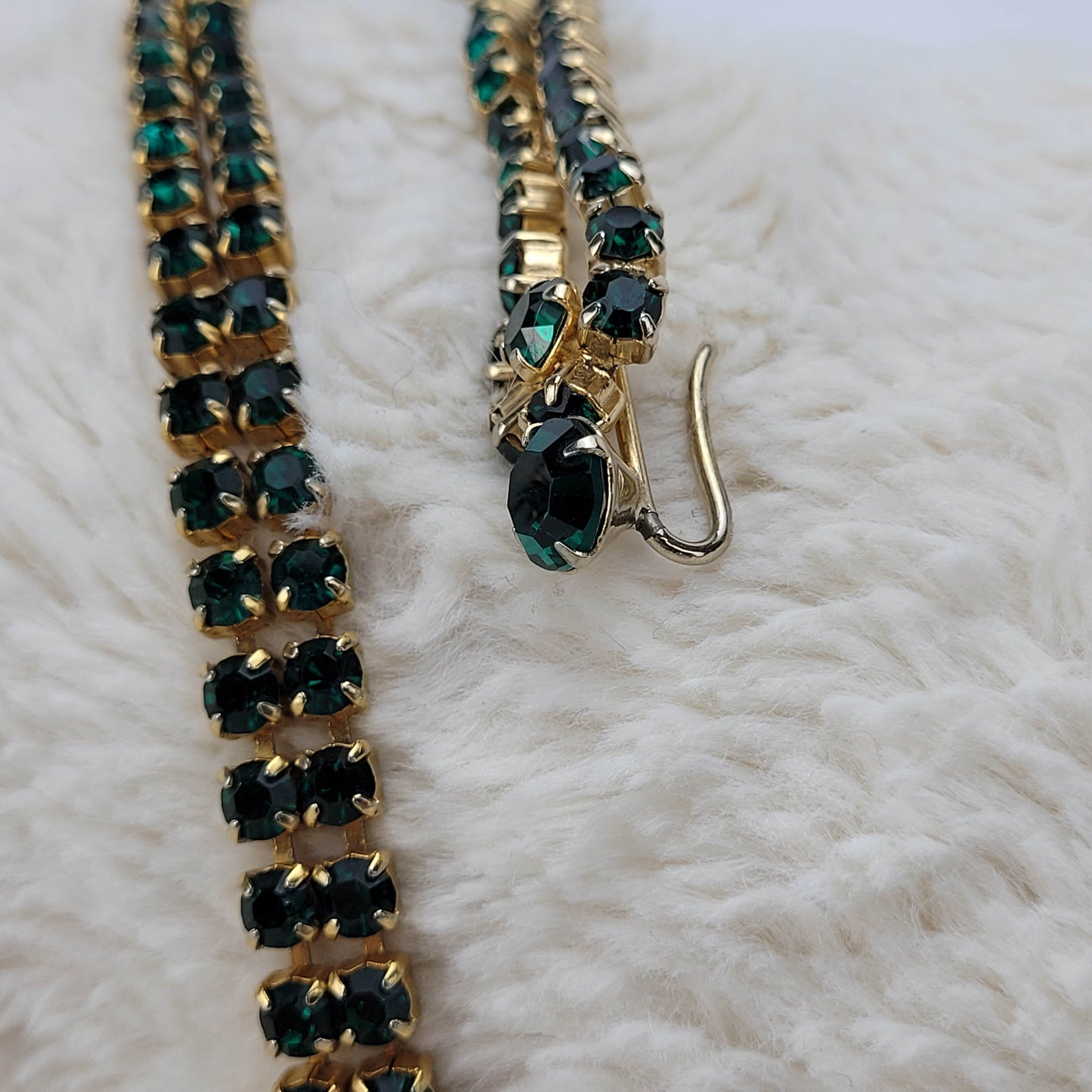 1950's Green Rhinestone Extra Long Necklace with Center Drop and Pendant Hook