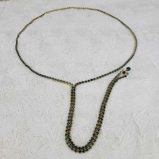 1950's Green Rhinestone Extra Long Necklace with Center Drop and Pendant Hook