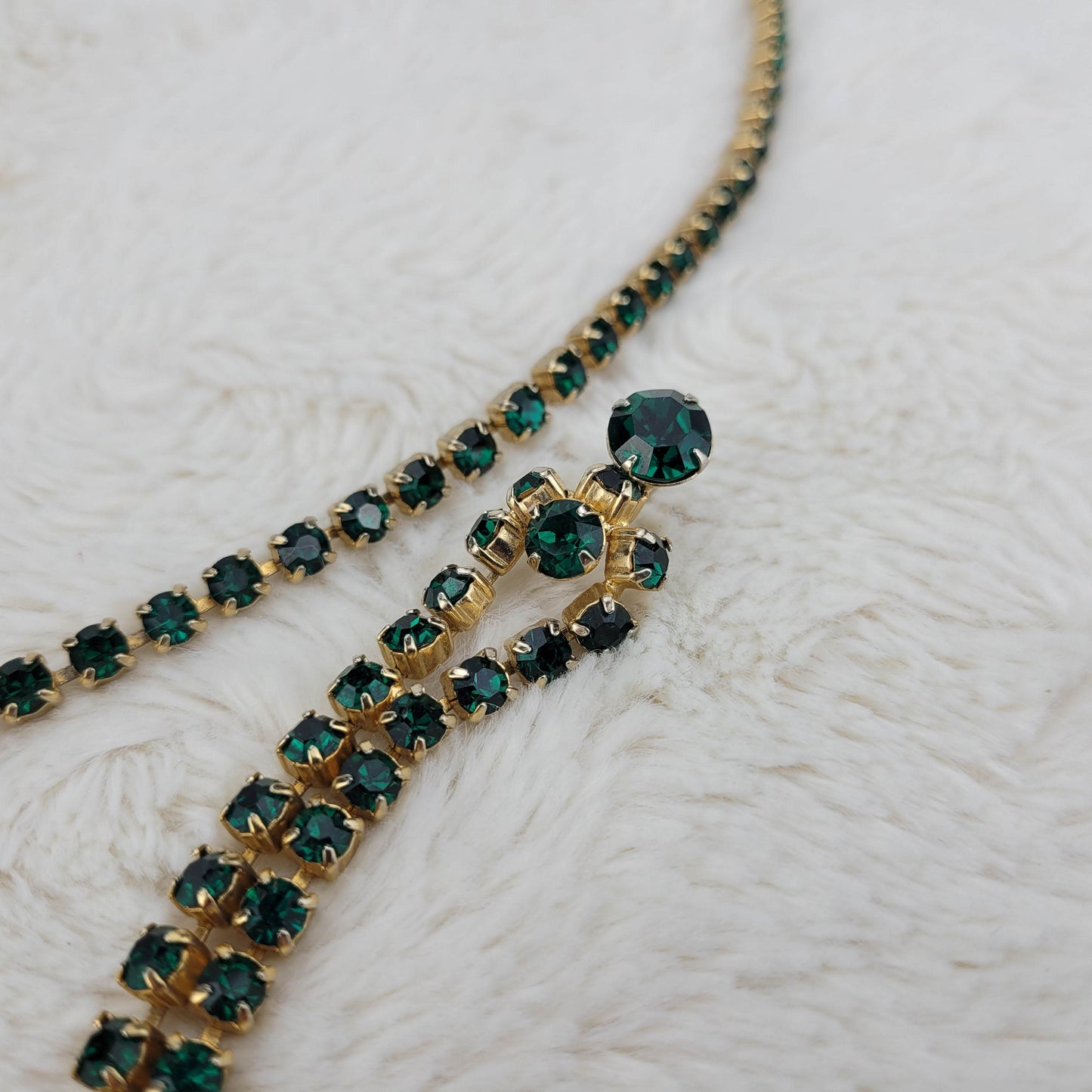 1950's Green Rhinestone Extra Long Necklace with Center Drop and Pendant Hook