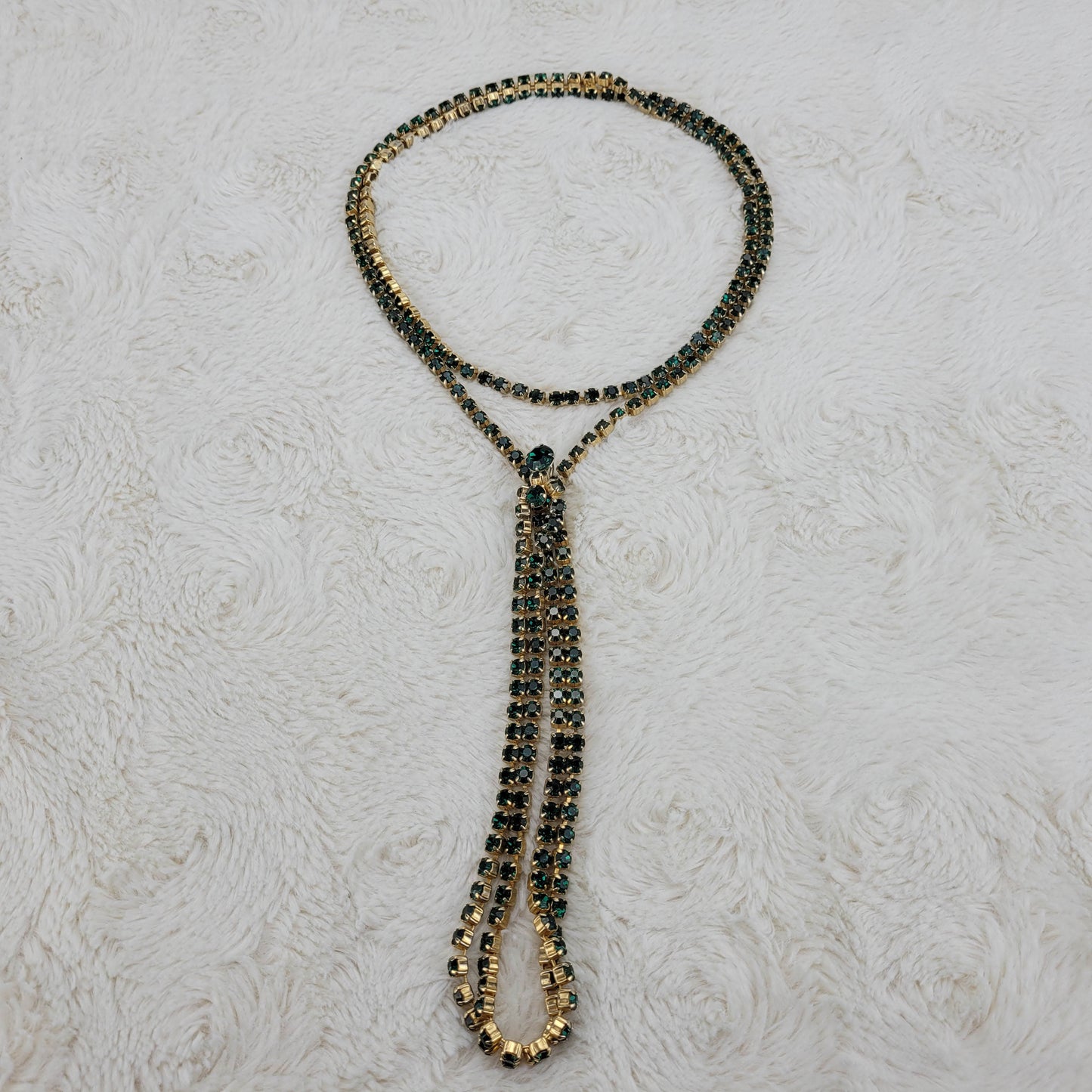 1950's Green Rhinestone Extra Long Necklace with Center Drop and Pendant Hook