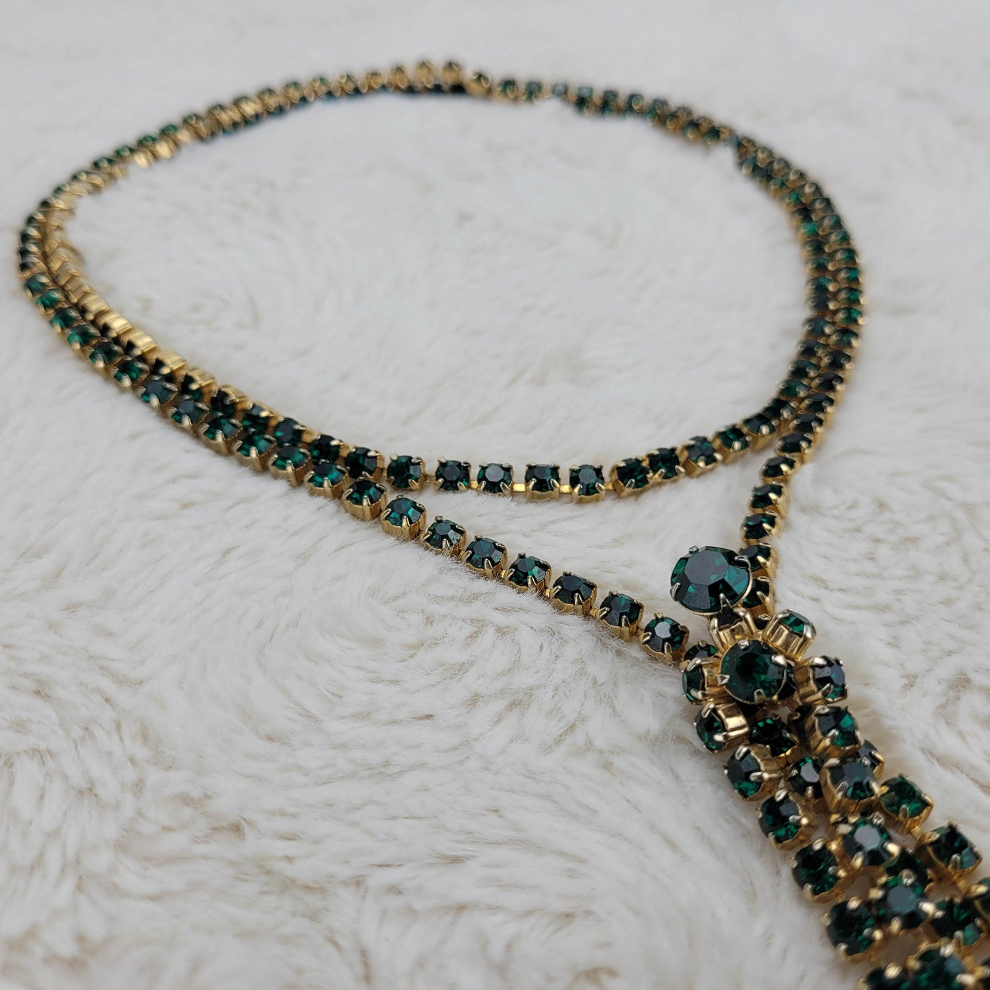 1950's Green Rhinestone Extra Long Necklace with Center Drop and Pendant Hook