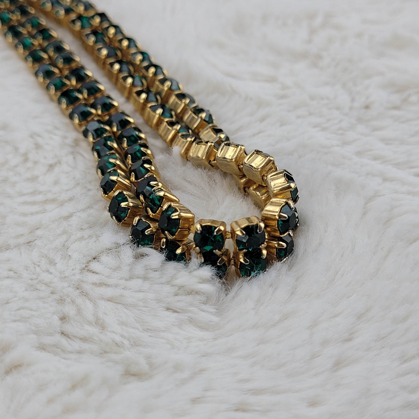 1950's Green Rhinestone Extra Long Necklace with Center Drop and Pendant Hook