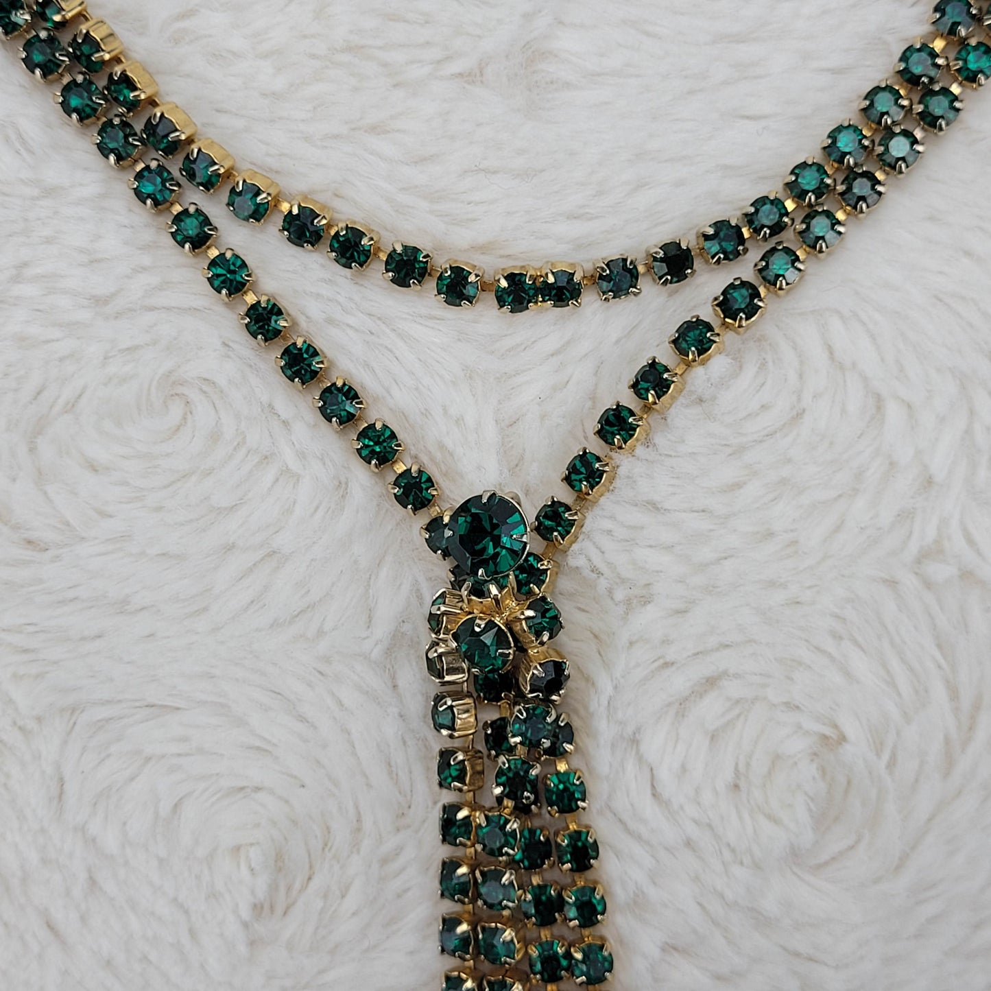 1950's Green Rhinestone Extra Long Necklace with Center Drop and Pendant Hook