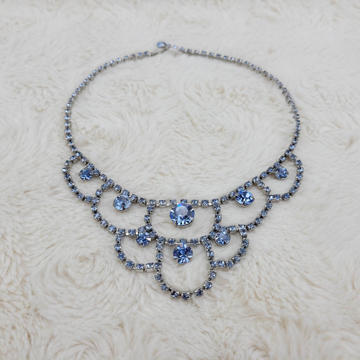 1950's Ice Blue Rhinestone Scallop Drop Necklace