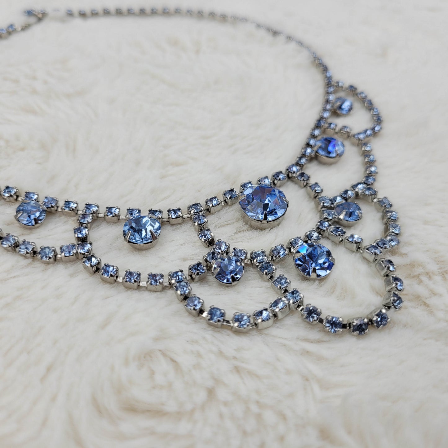 1950's Ice Blue Rhinestone Scallop Drop Necklace