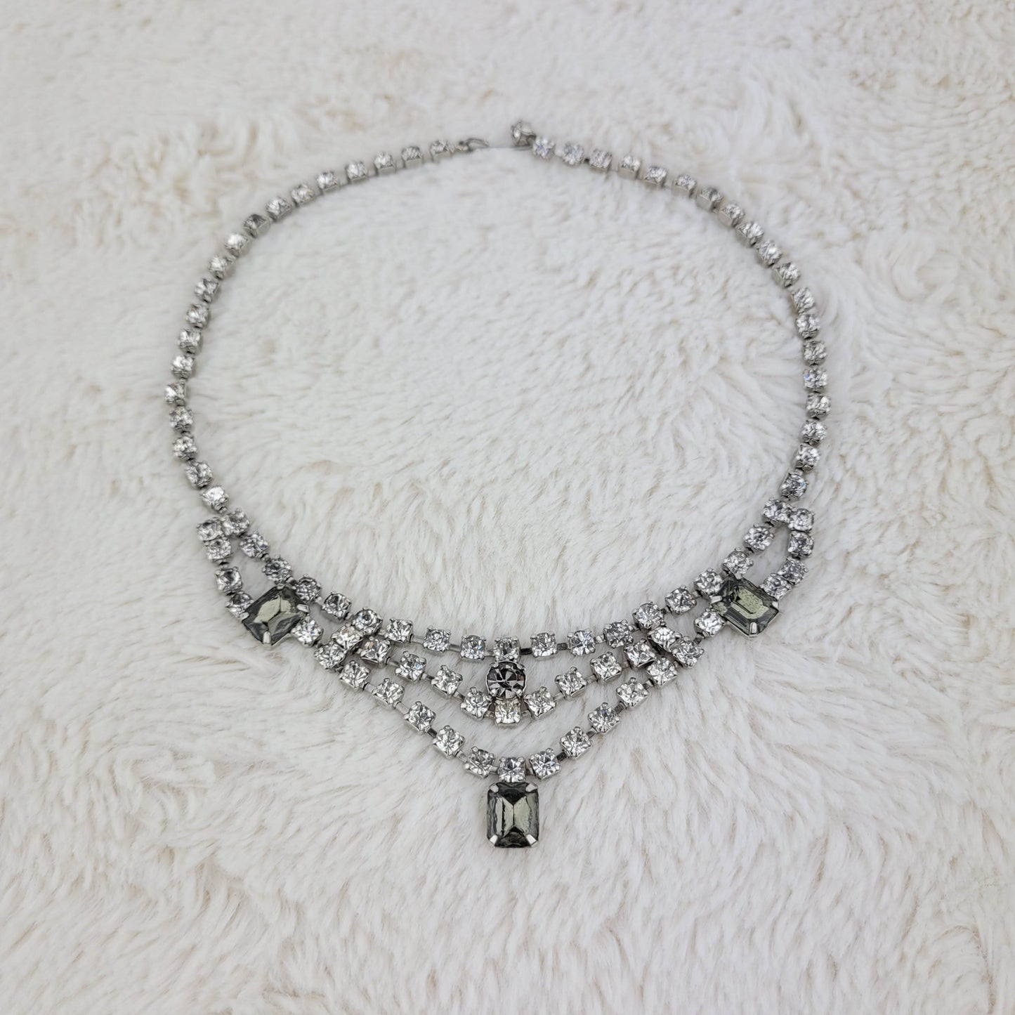 1950's Clear and Gray Rhinestone Multi Strand Pendant Necklace