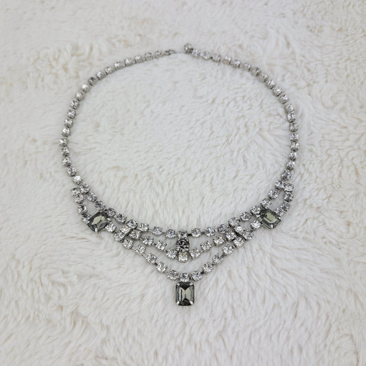 1950's Clear and Gray Rhinestone Multi Strand Pendant Necklace