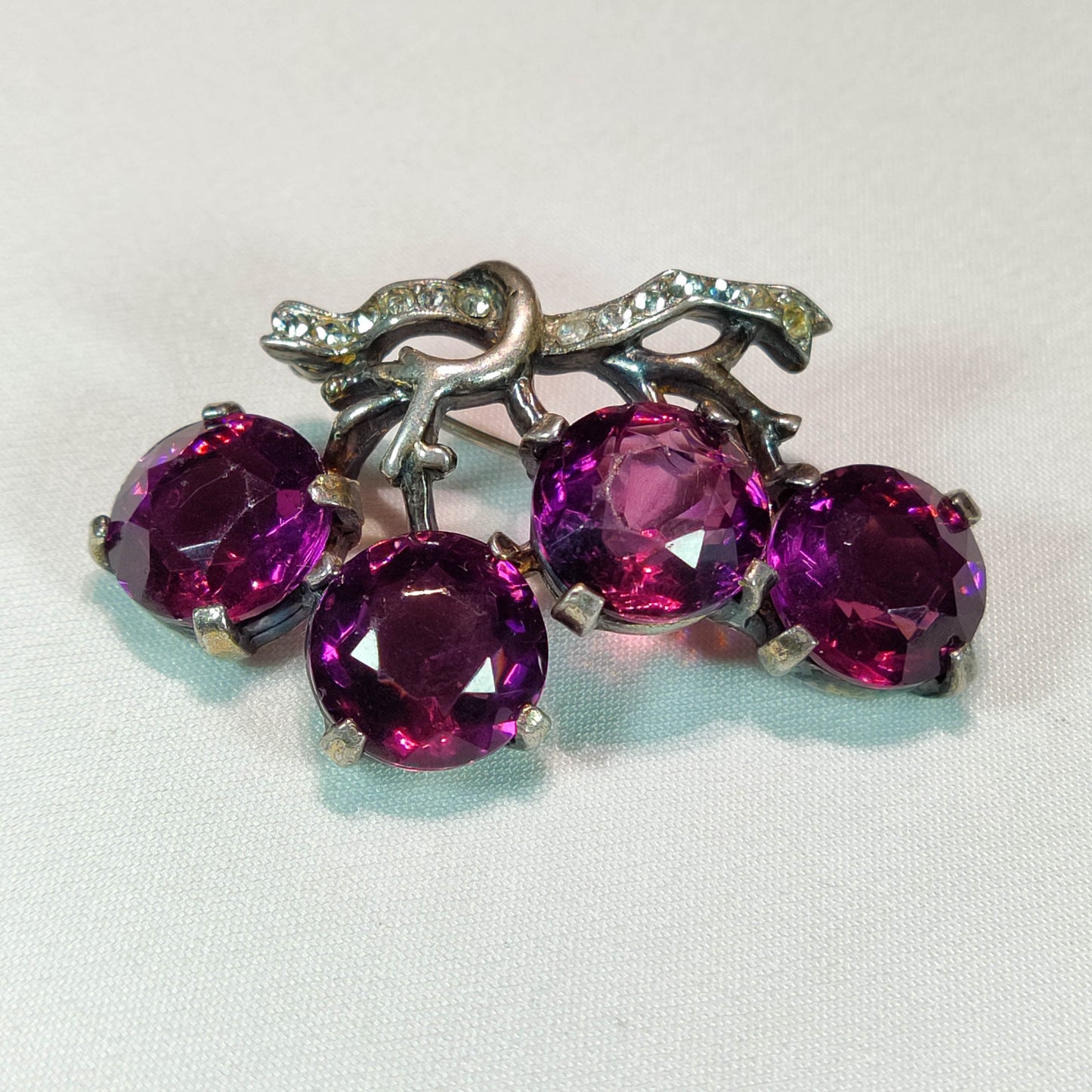 1940's Purple and Clear Rhinestones Open Back Sterling Silver Pin