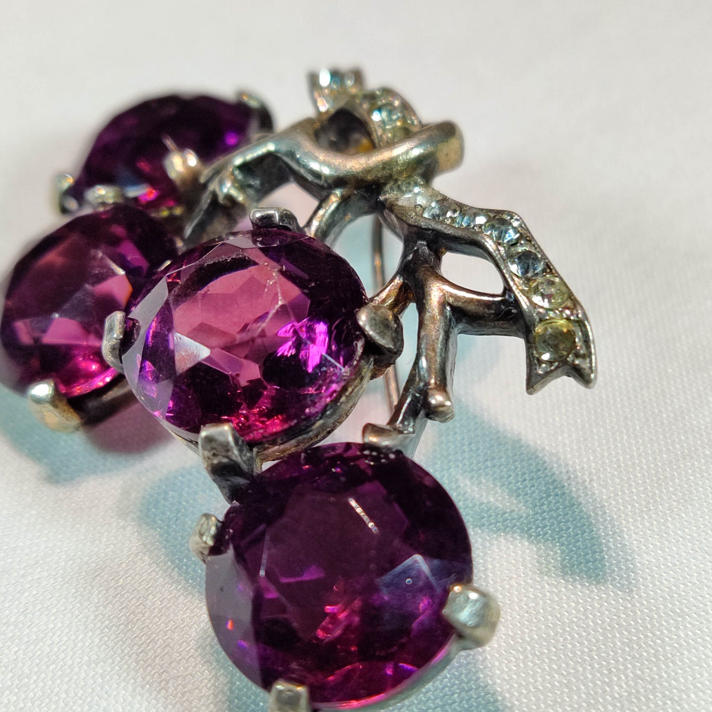 1940's Purple and Clear Rhinestones Open Back Sterling Silver Pin