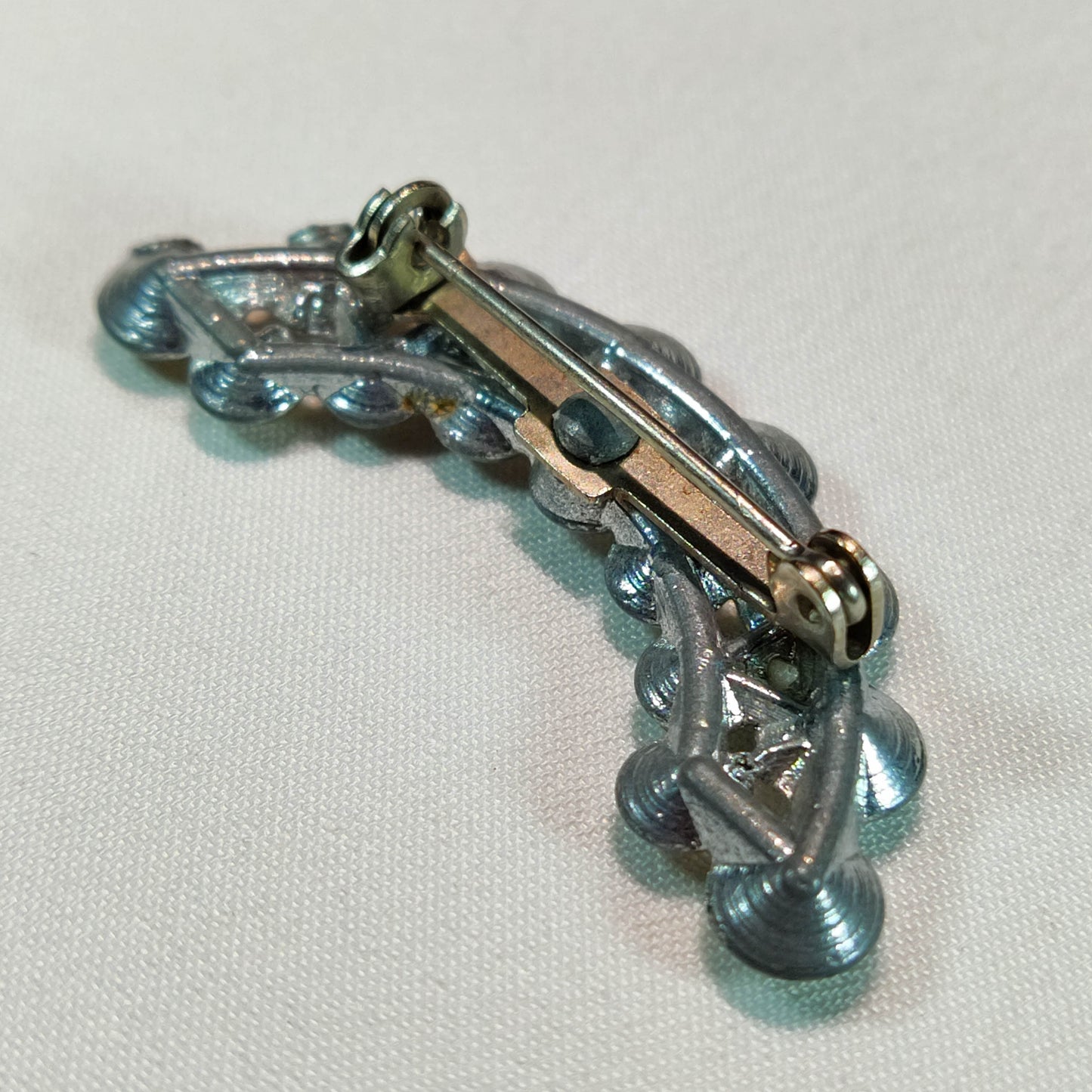 1930's Cresent Shaped Rhinestone Pot Metal Pin