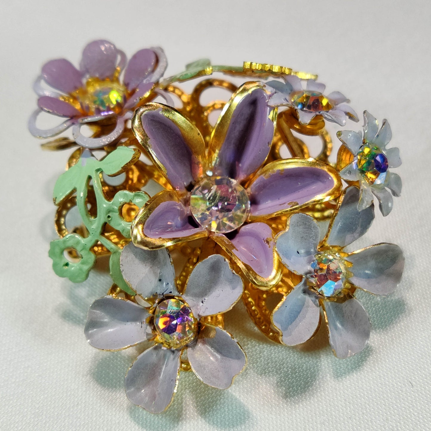 1950's Lavender Enamel and Rhinestone Flower Spray Pin