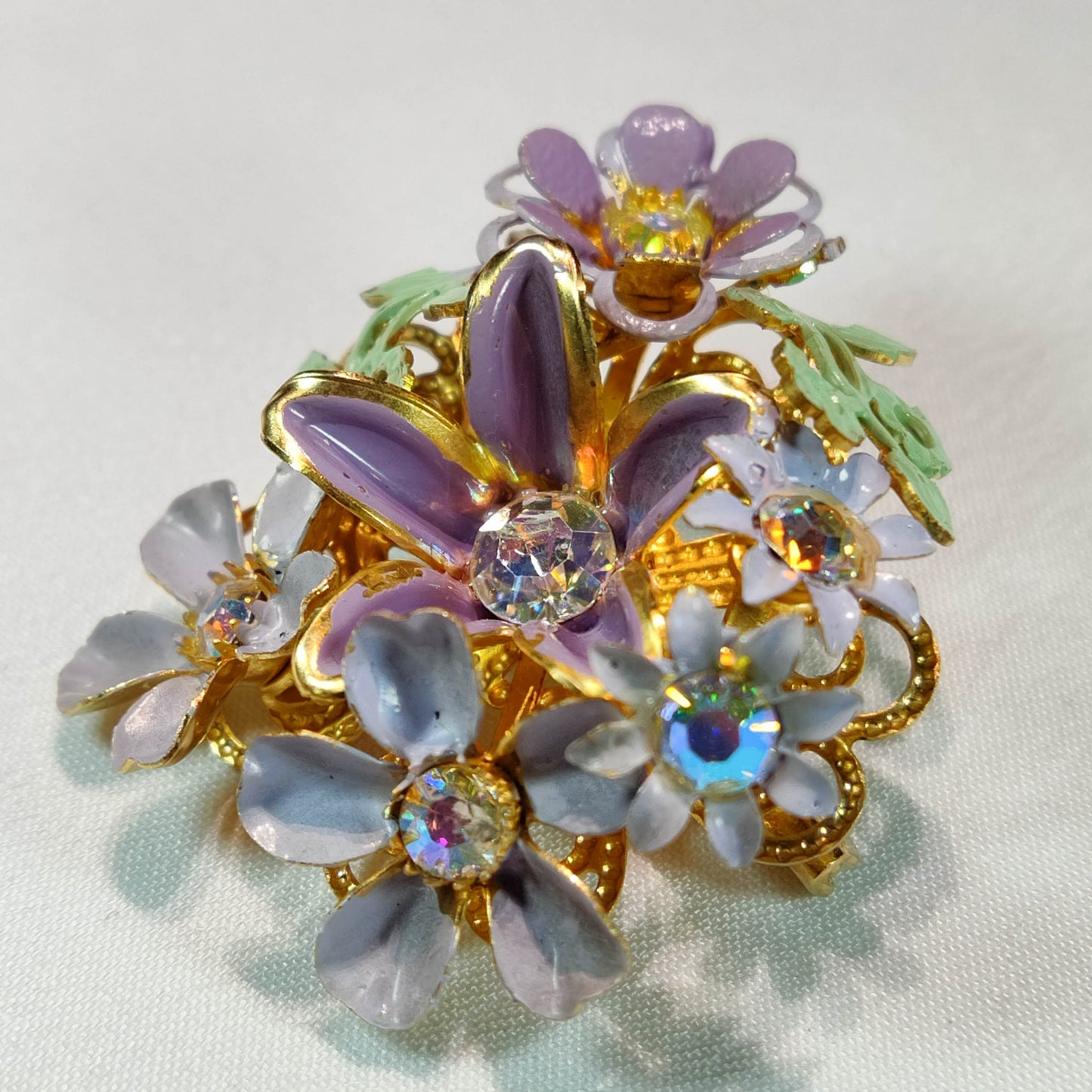 1950's Lavender Enamel and Rhinestone Flower Spray Pin