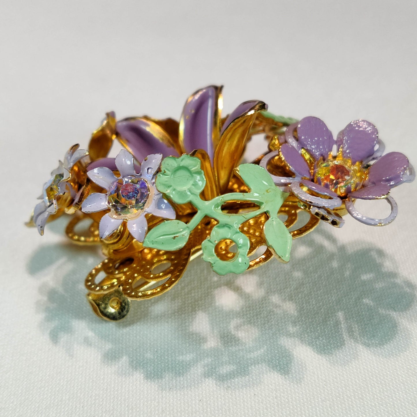 1950's Lavender Enamel and Rhinestone Flower Spray Pin