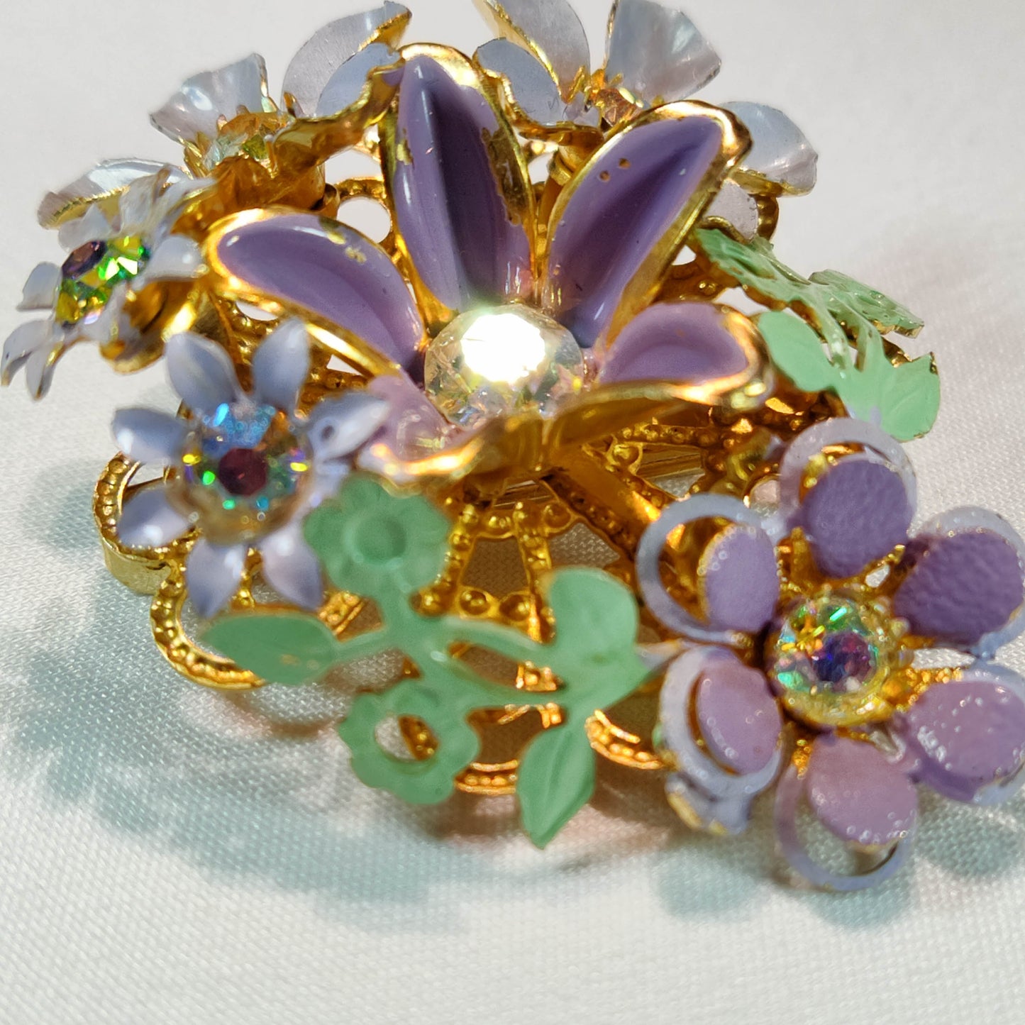 1950's Lavender Enamel and Rhinestone Flower Spray Pin