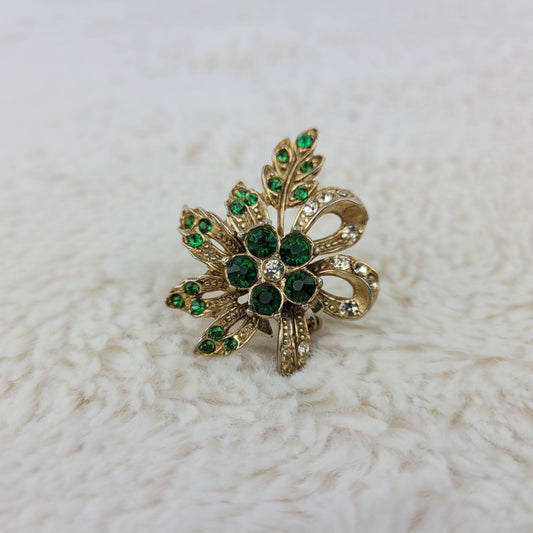 1950's Green Rhinestone Flower and Bow Pin