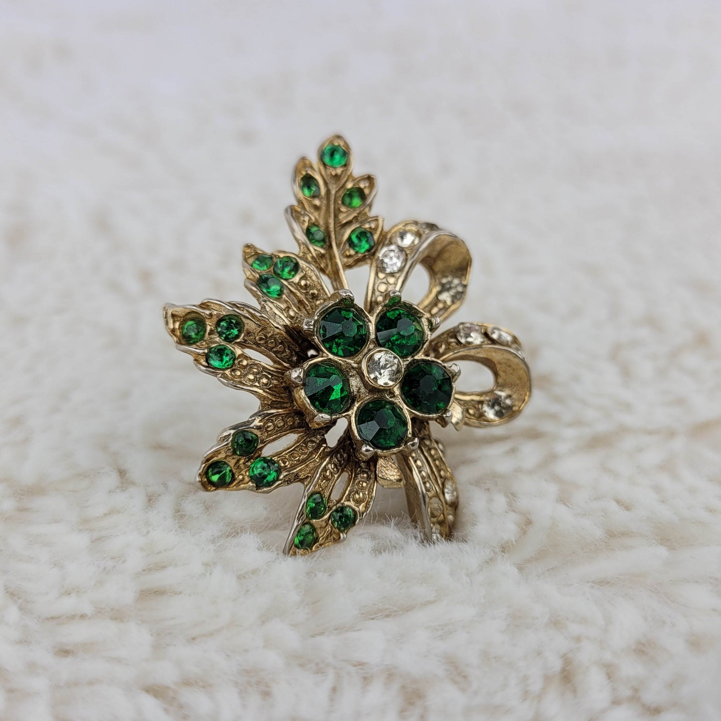 1950's Green Rhinestone Flower and Bow Pin