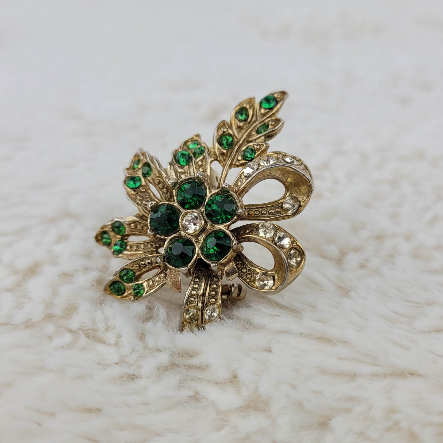 1950's Green Rhinestone Flower and Bow Pin