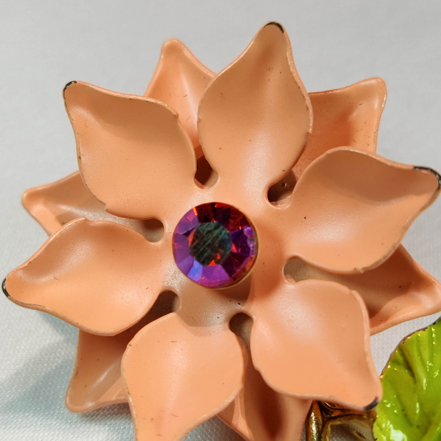 1950's Peach Enamel and Rhinestone Flower Pin