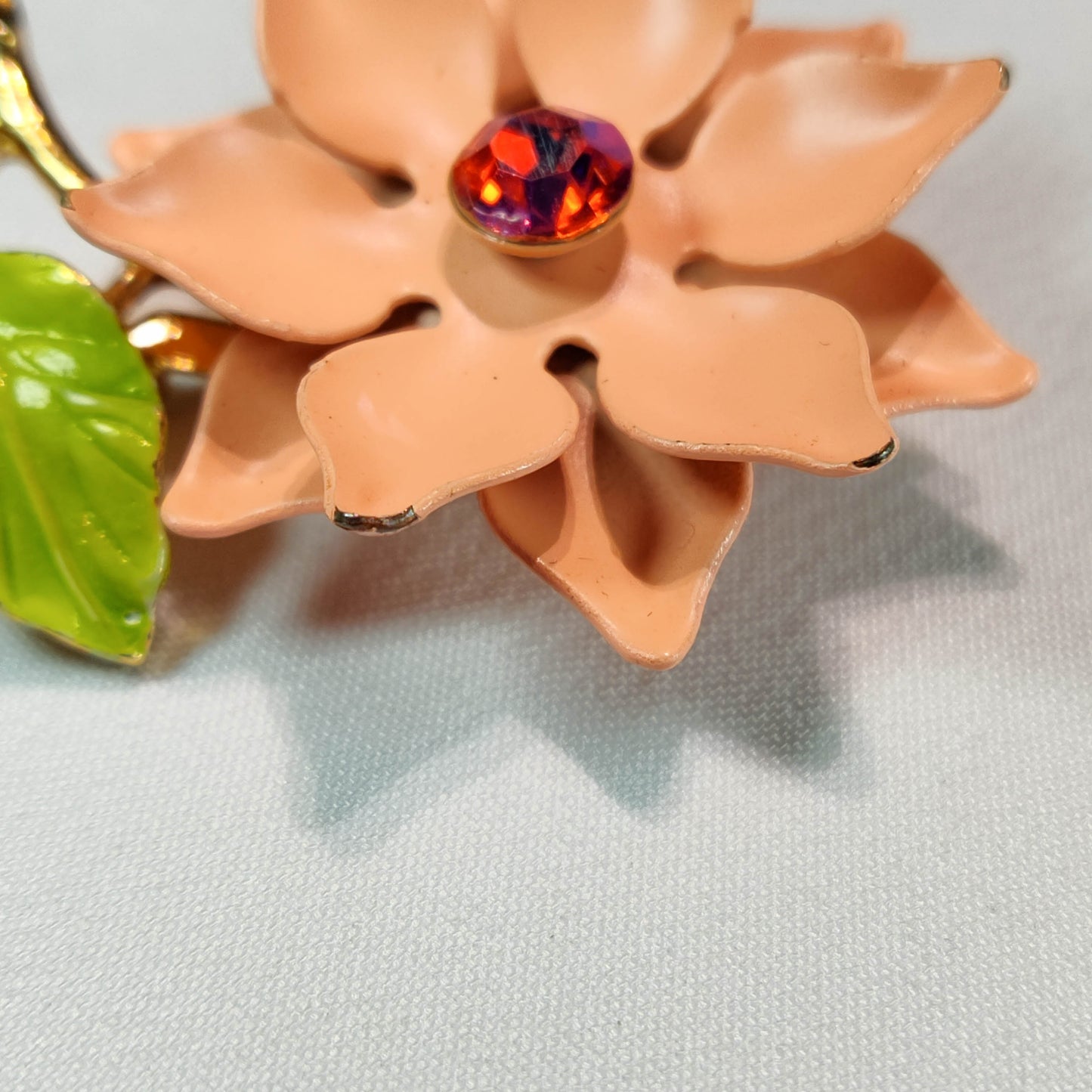 1950's Peach Enamel and Rhinestone Flower Pin