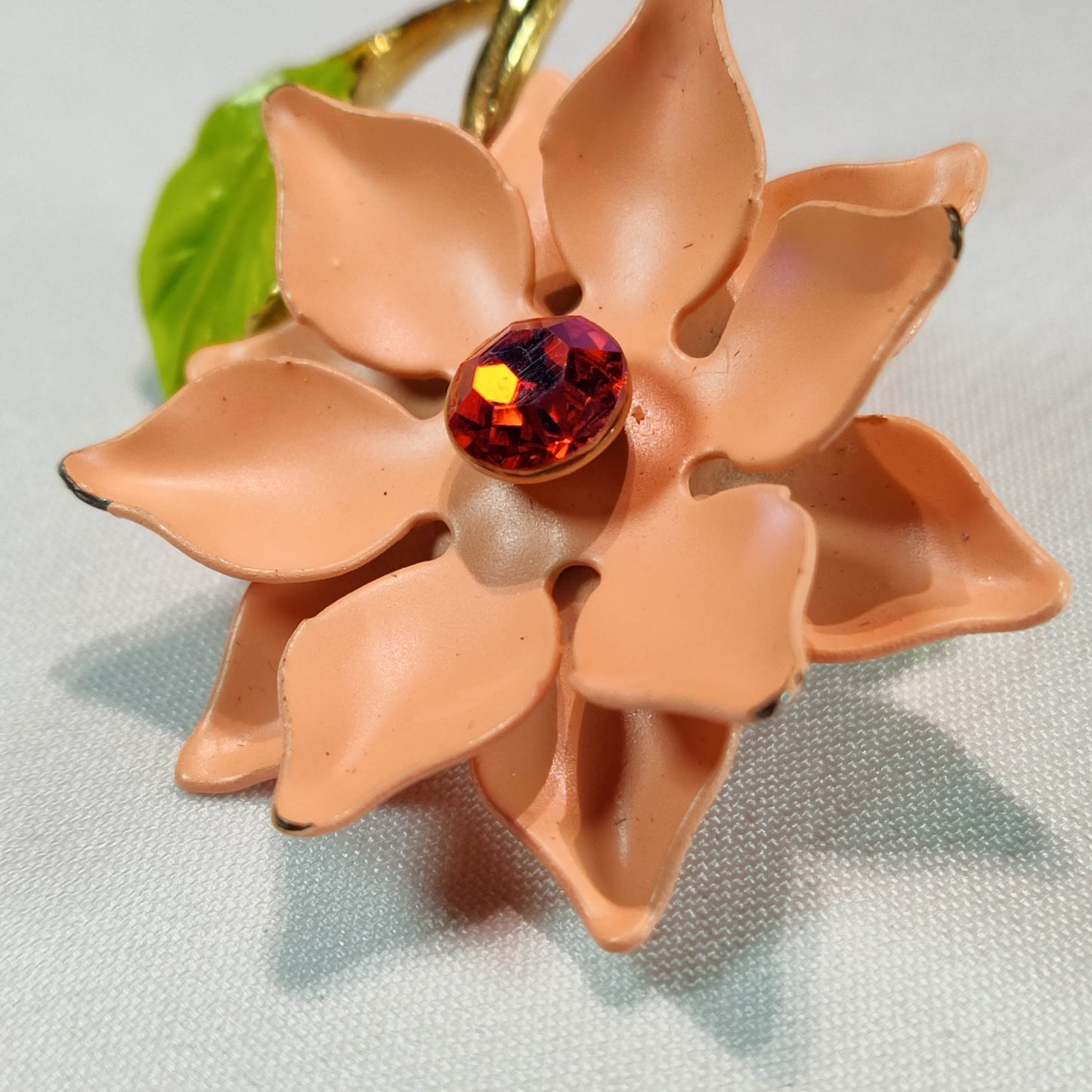 1950's Peach Enamel and Rhinestone Flower Pin