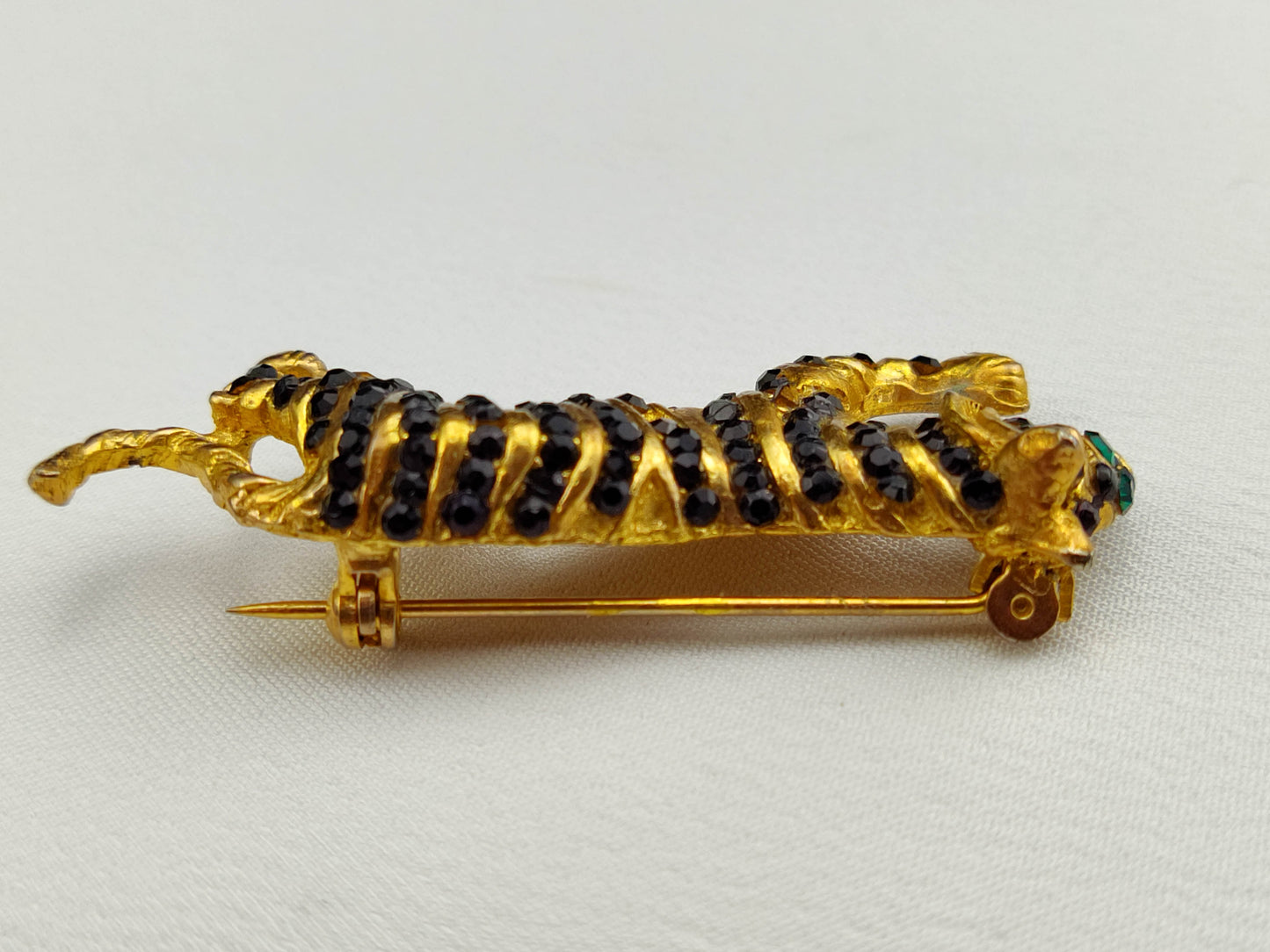 1950's Gold Tone Tiger Pin with Green and Black Rhinestones