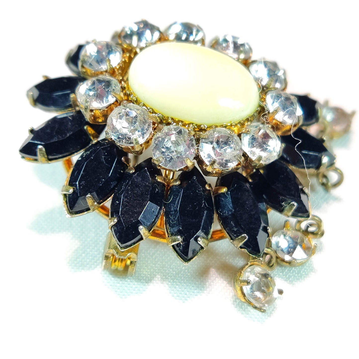 1930's Gold and Black Rhinestone Flower Dangle Pin with a Milkstone Center