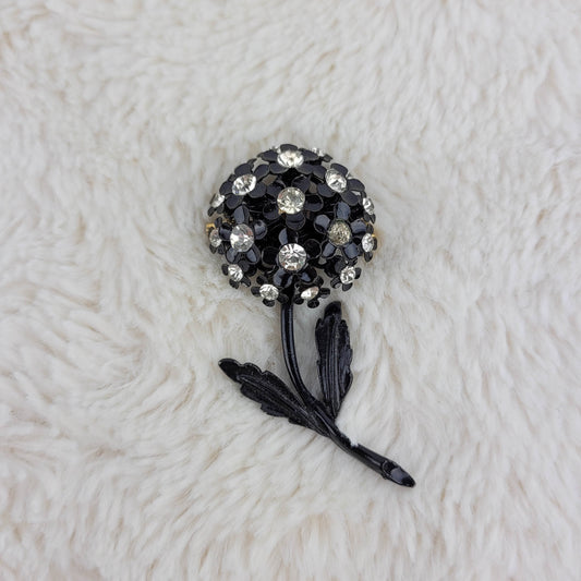 1950's Black Enamel and Clear Rhinestone Flower Pin