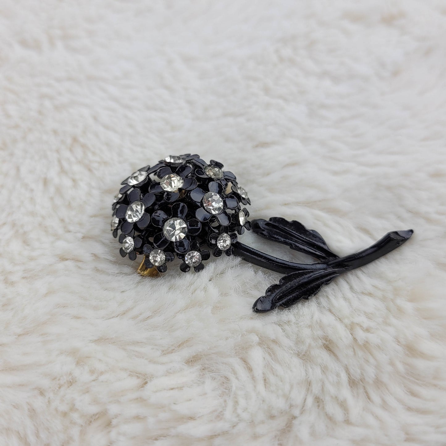 1950's Black Enamel and Clear Rhinestone Flower Pin