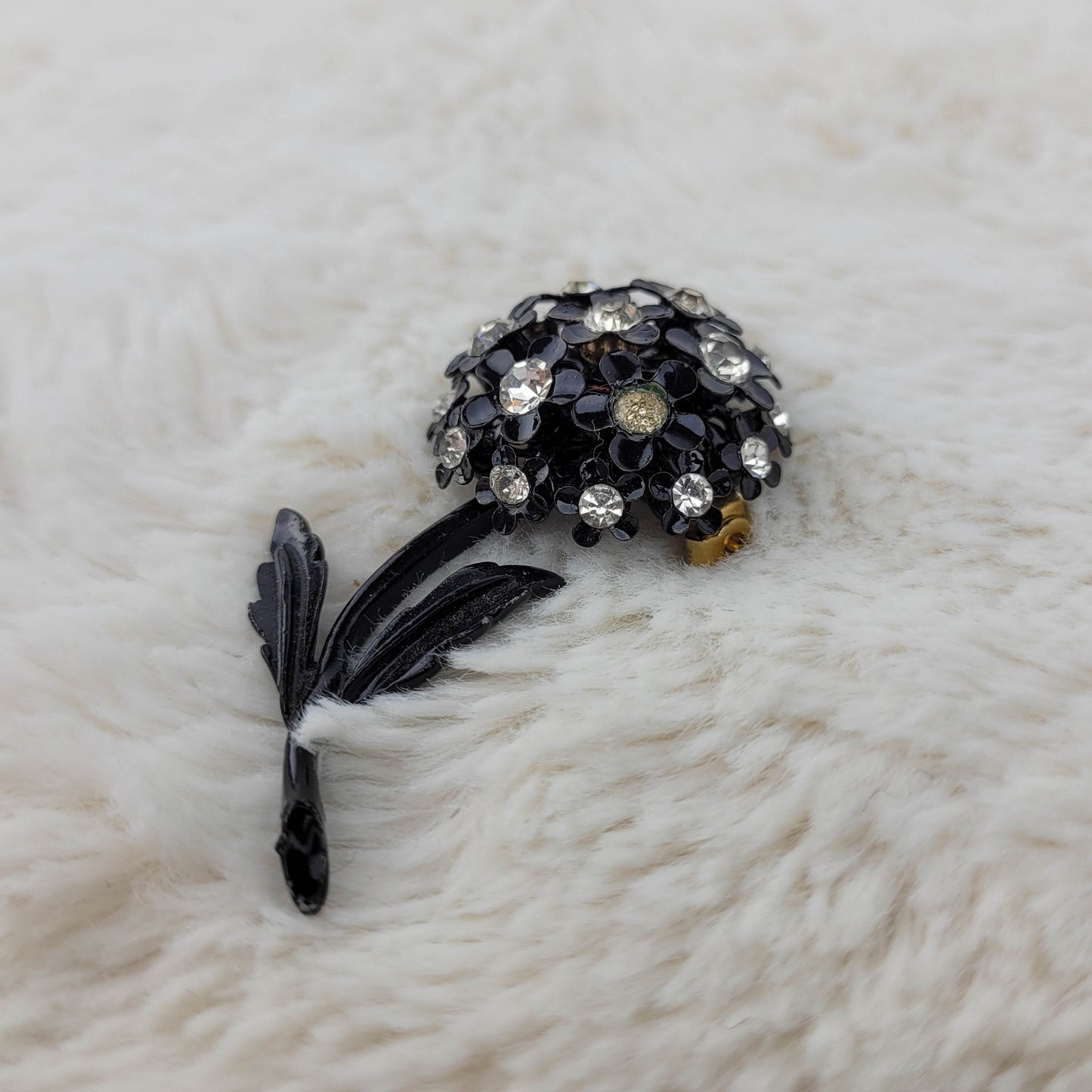 1950's Black Enamel and Clear Rhinestone Flower Pin