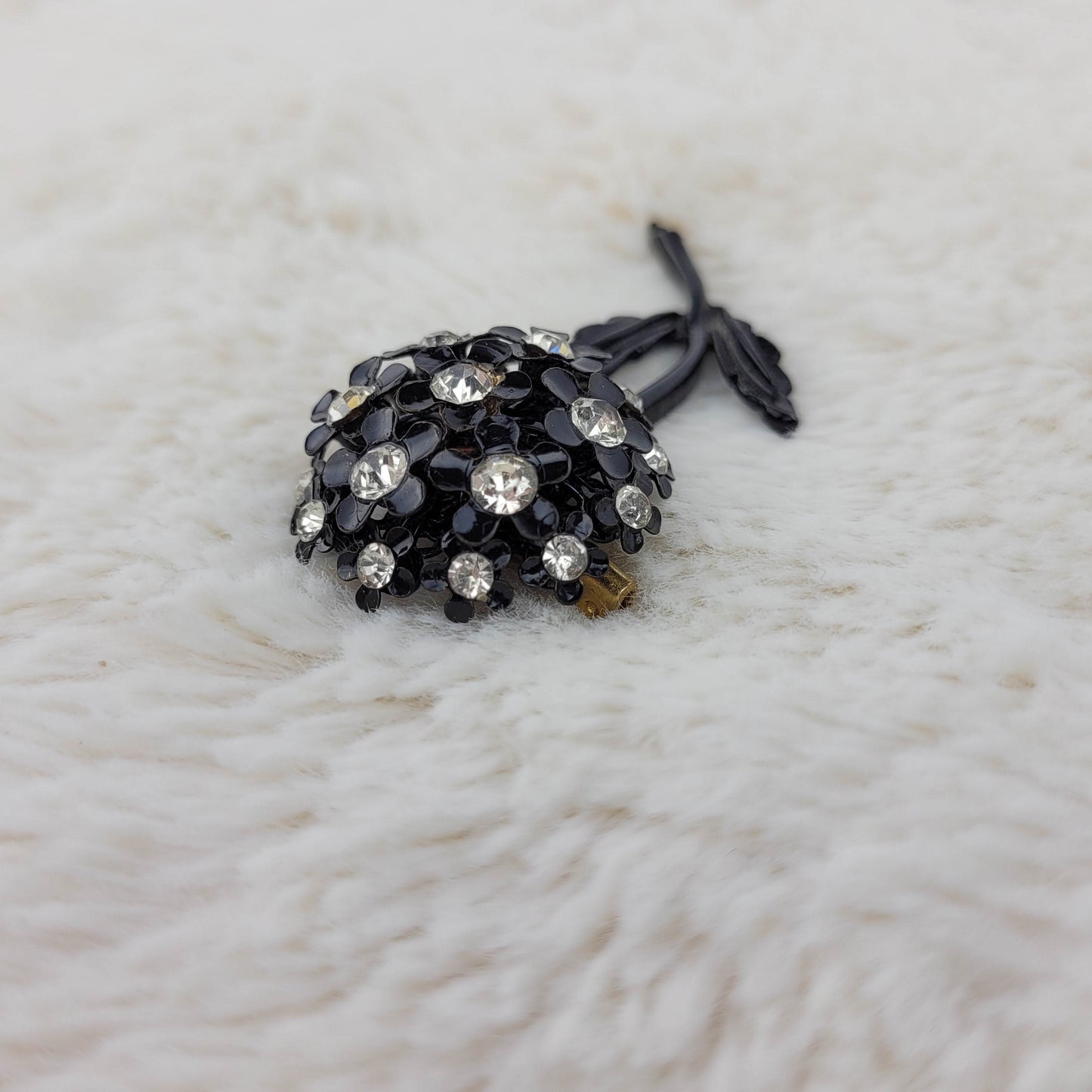 1950's Black Enamel and Clear Rhinestone Flower Pin