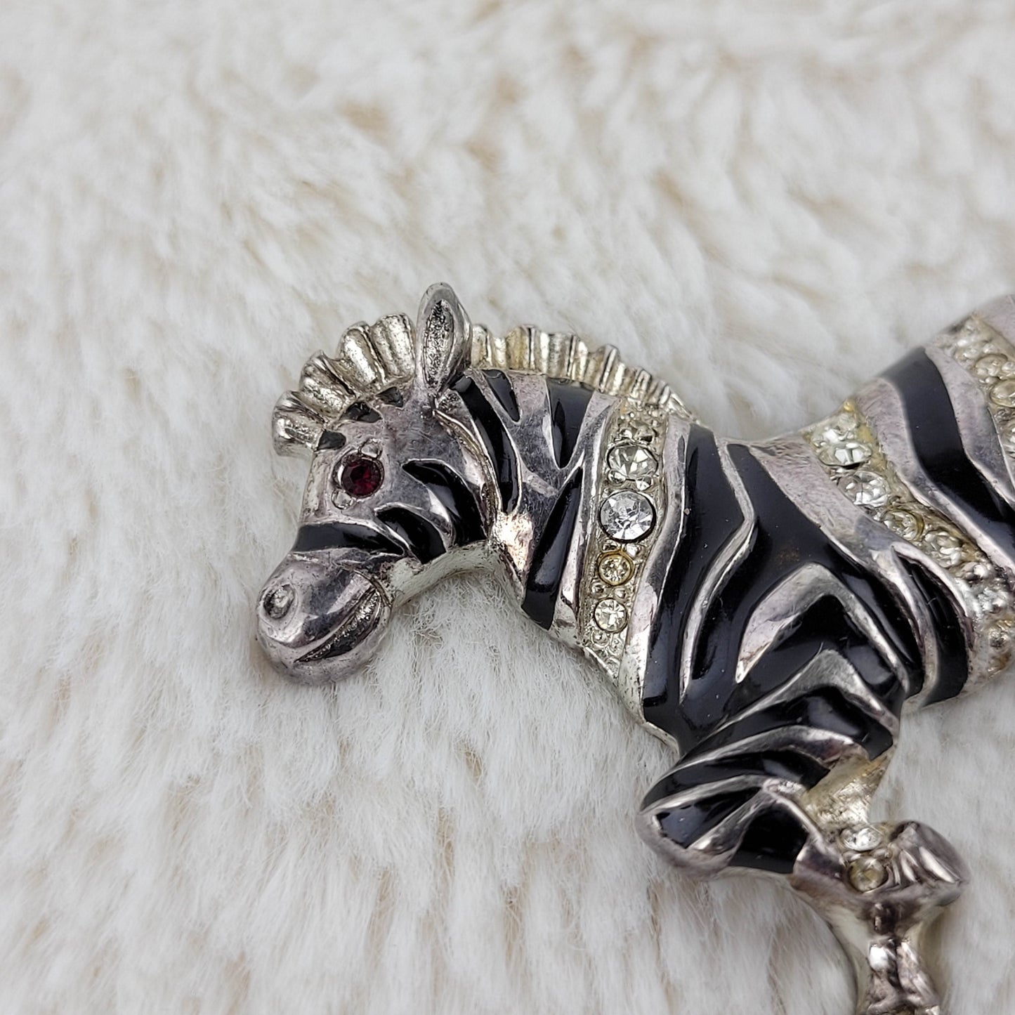 1970's Black Enamel and Rhinestones Zebra Pin by Bob Mackie