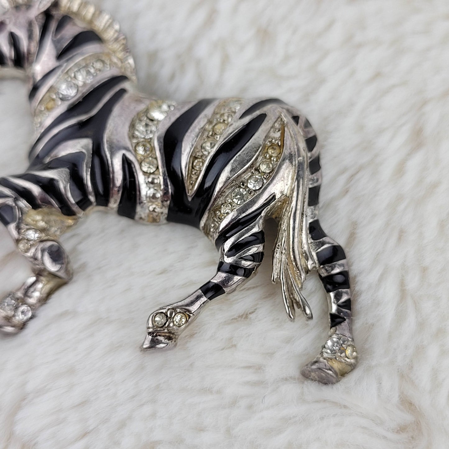 1970's Black Enamel and Rhinestones Zebra Pin by Bob Mackie