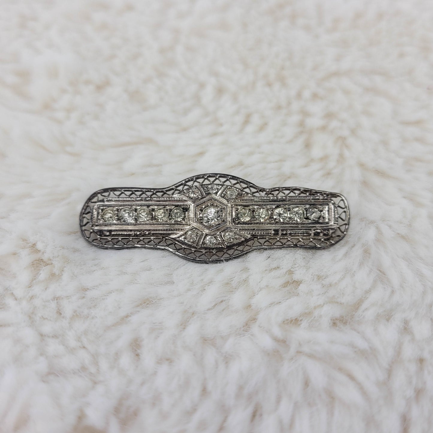 1920's Silver Metal Filigree and Rhinestone Bar Pin